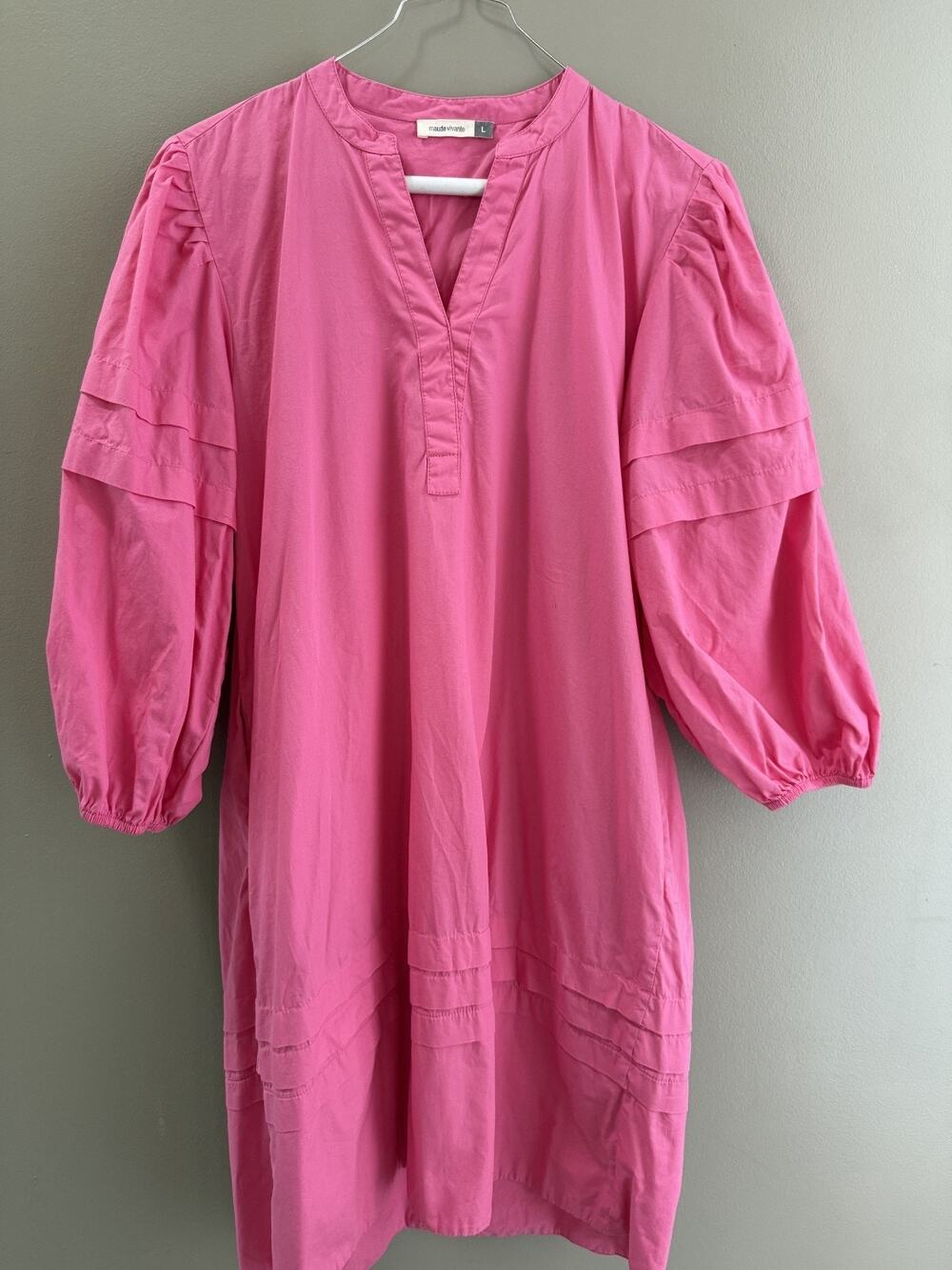 MAUDE VIVANTE Pink Dress Puffed Sleeves Size L V-Neck Cotton Cotttagecore - Picture 1 of 9
